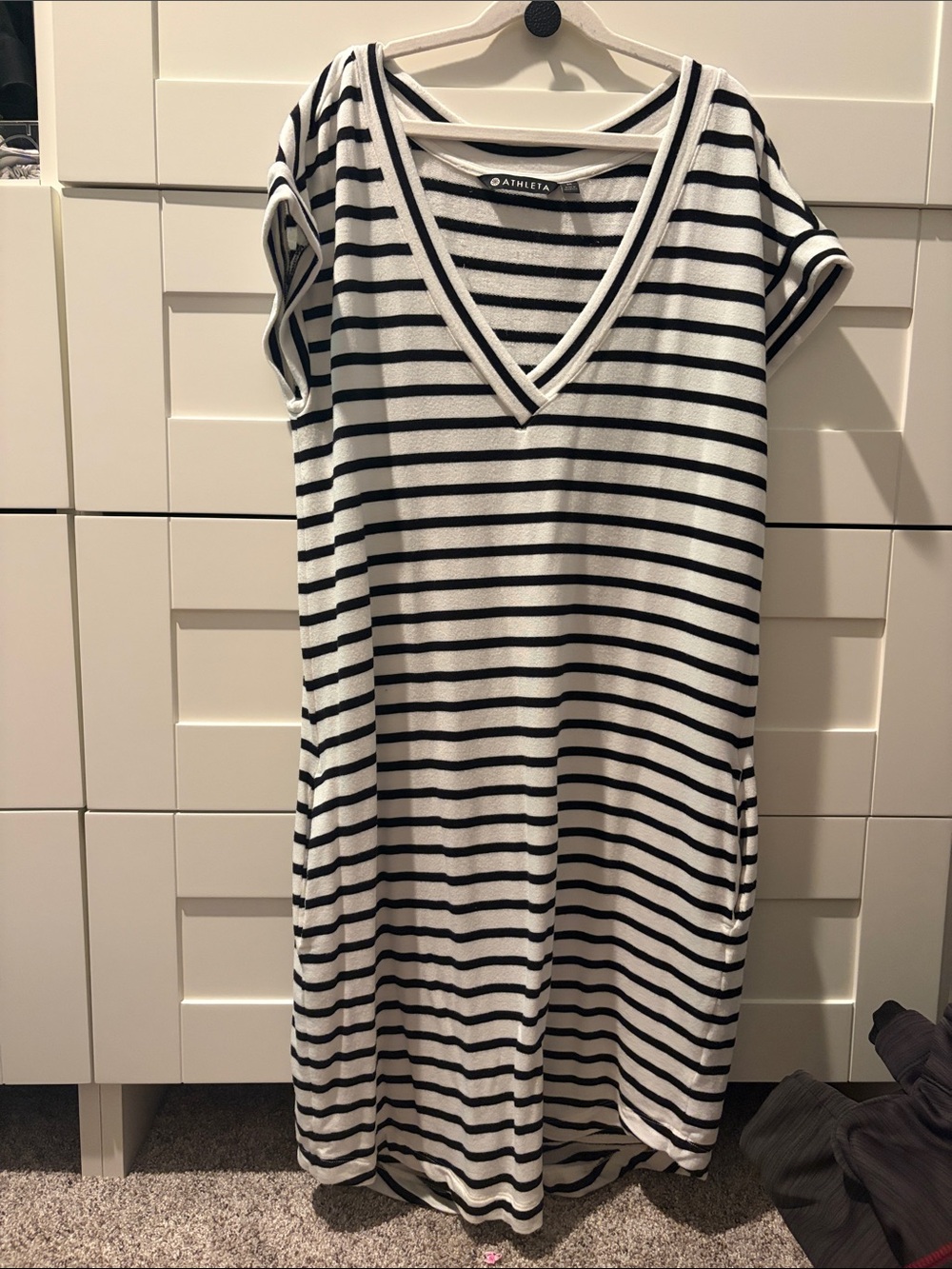Athleta Black and White Striped V-Neck Casual Dress